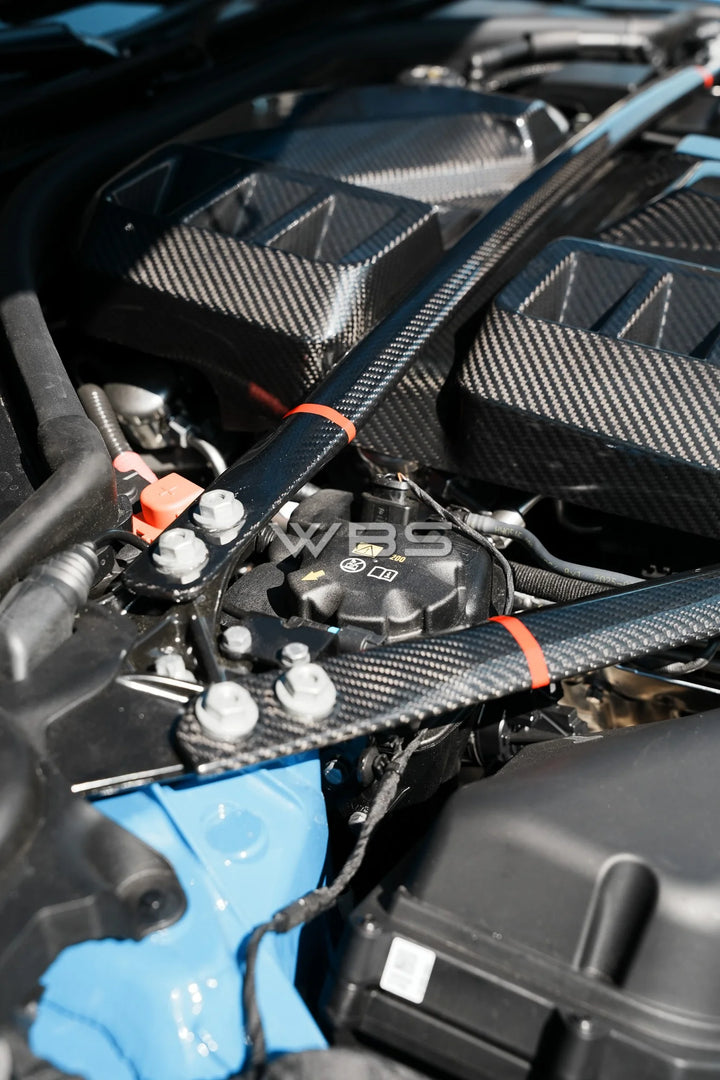 BMW G8X M3 - M4 ENGINE STRUT BRACE BAR DRY CARBON FIBER WITH RED STRIPE ACCENT