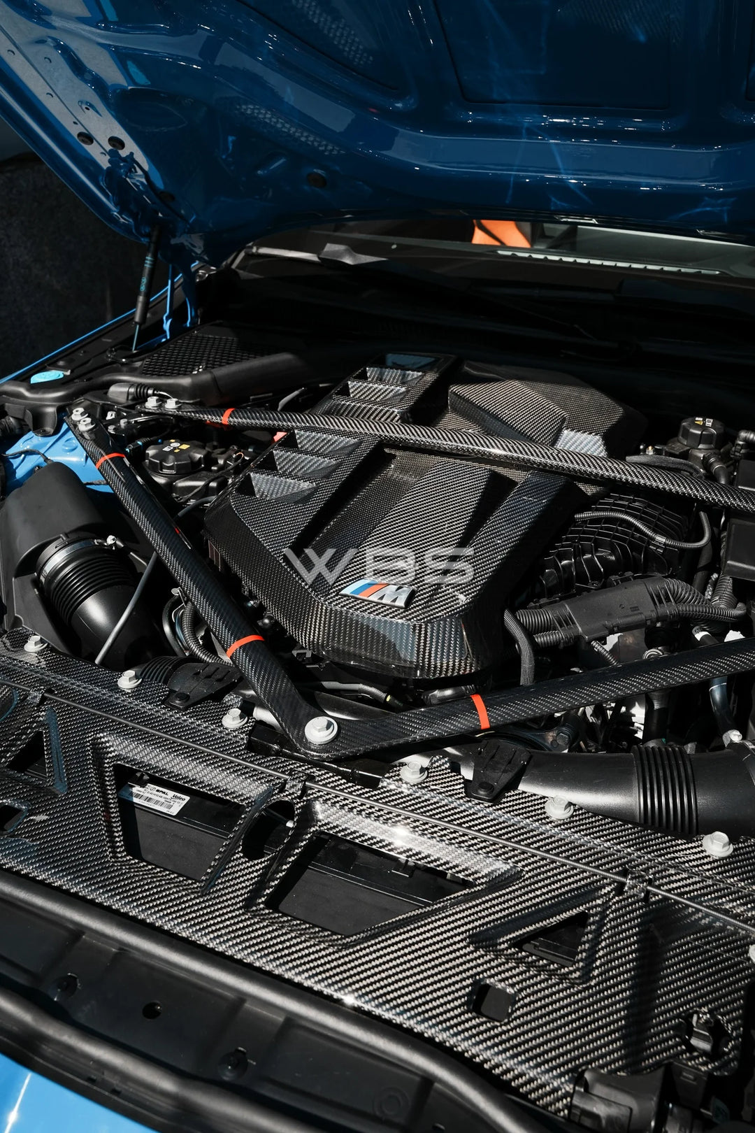 BMW G8X M3 - M4 ENGINE STRUT BRACE BAR DRY CARBON FIBER WITH RED STRIPE ACCENT