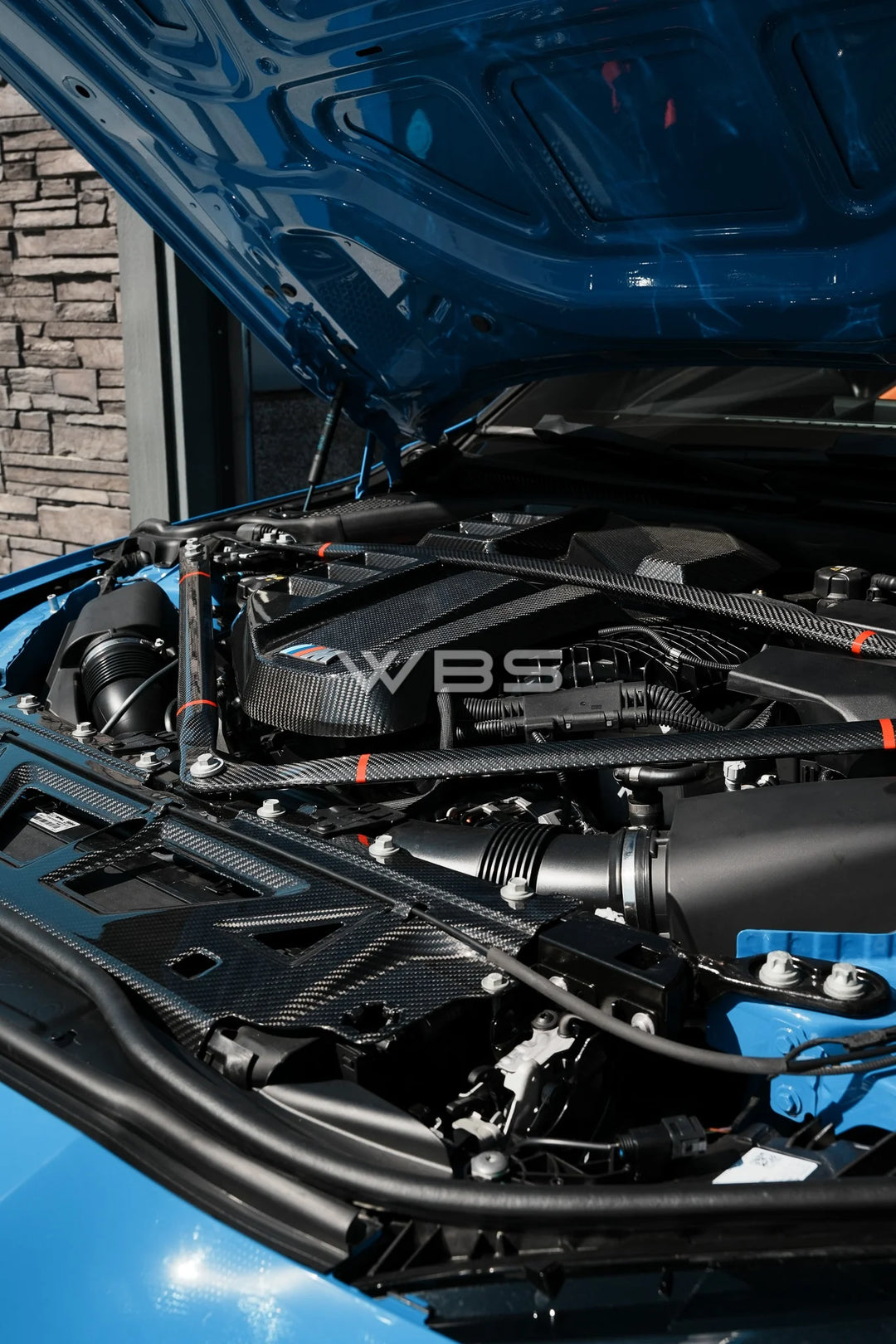 BMW G8X M3 - M4 ENGINE STRUT BRACE BAR DRY CARBON FIBER WITH RED STRIPE ACCENT