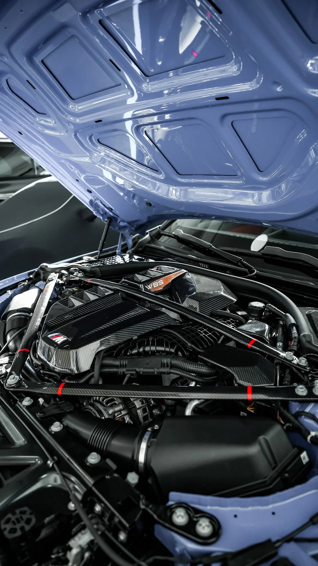 BMW G8X M3 - M4 ENGINE STRUT BRACE BAR DRY CARBON FIBER WITH RED STRIPE ACCENT