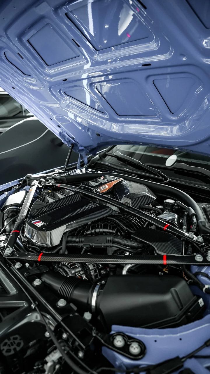 BMW G8X M3 - M4 ENGINE STRUT BRACE BAR DRY CARBON FIBER WITH RED STRIPE ACCENT