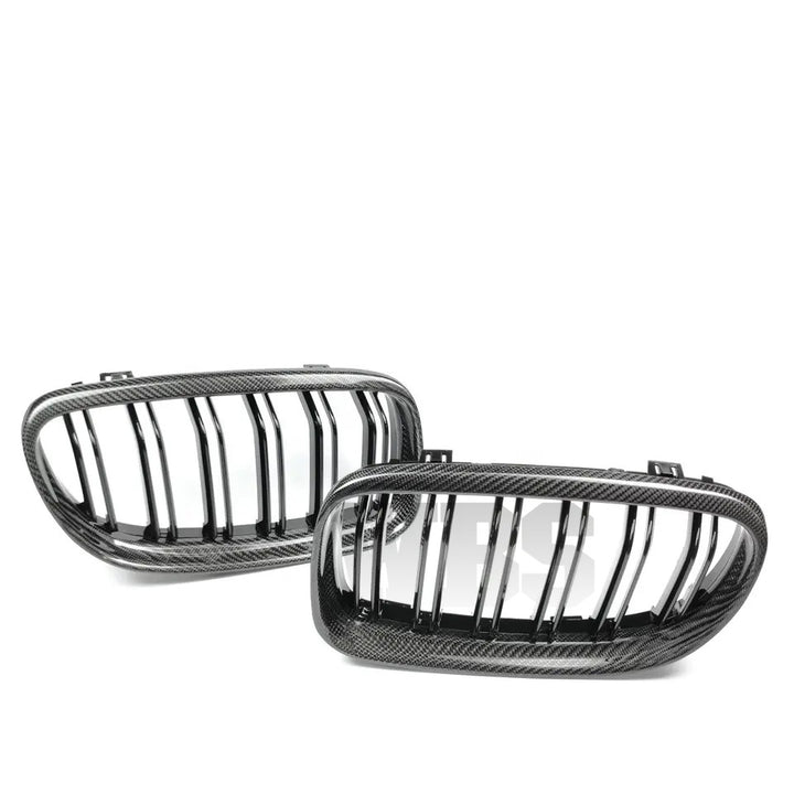 BMW E90 E91 FRONT GRILLS DUAL SLATS STYLE GENUINE CF/ GLOSSY BLACK