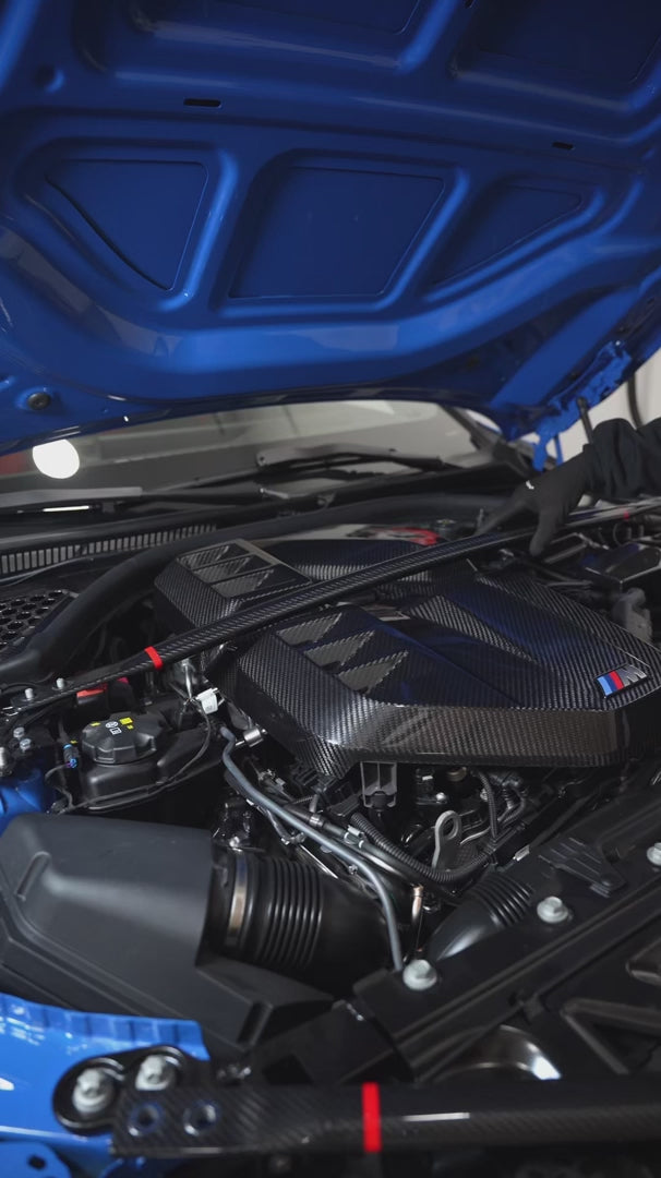 BMW G8X M3 - M4 ENGINE STRUT BRACE BAR DRY CARBON FIBER WITH RED STRIPE ACCENT